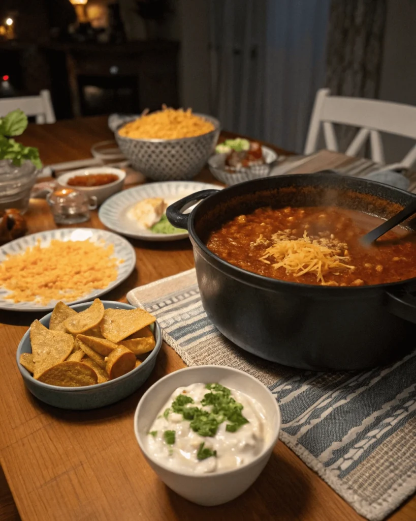 A cozy dinner table featuring a steaming pot of taco soup and bowls of Fritos, cheese, sour cream, and cilantro, perfect for a family dinner.