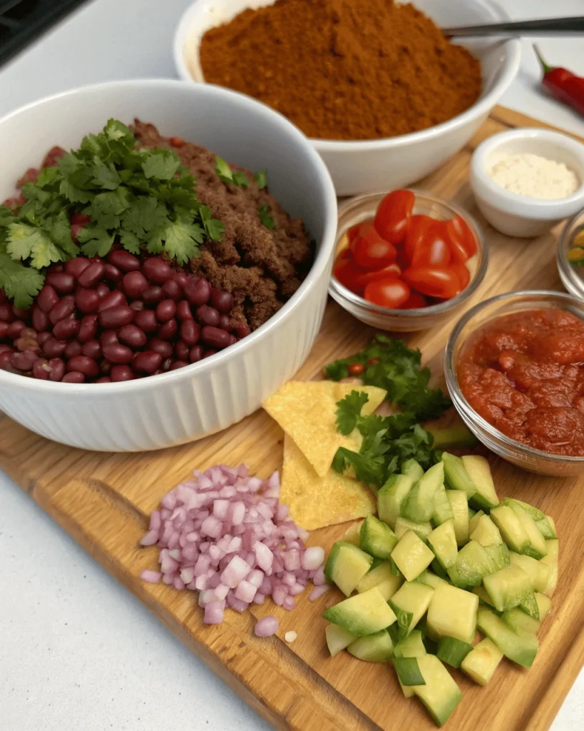 Fresh taco soup ingredients, including ground beef, beans, chili powder, and vegetables, arranged in bowls and ready for cooking.