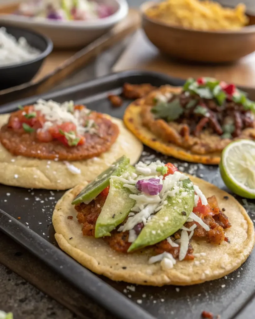 What is Mexican flatbread called? A close-up of tortillas and sopes showing the textures and toppings.