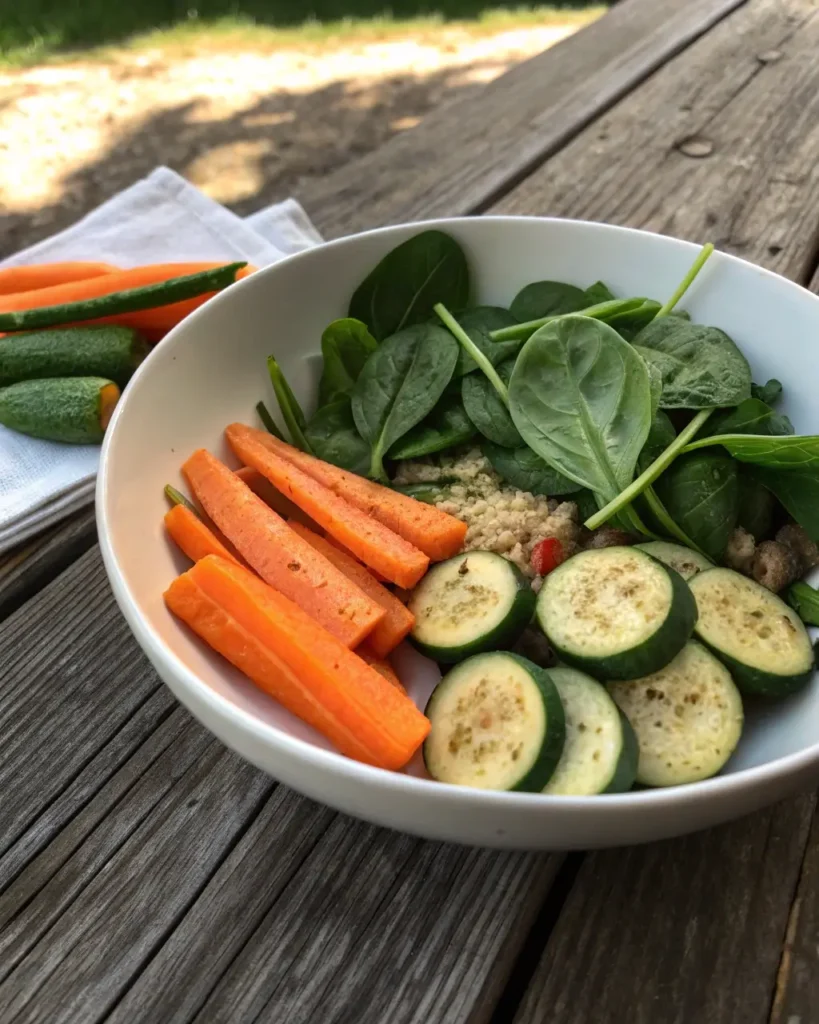 Low FODMAP diet meal with fresh vegetables like carrots, zucchini, and spinach.