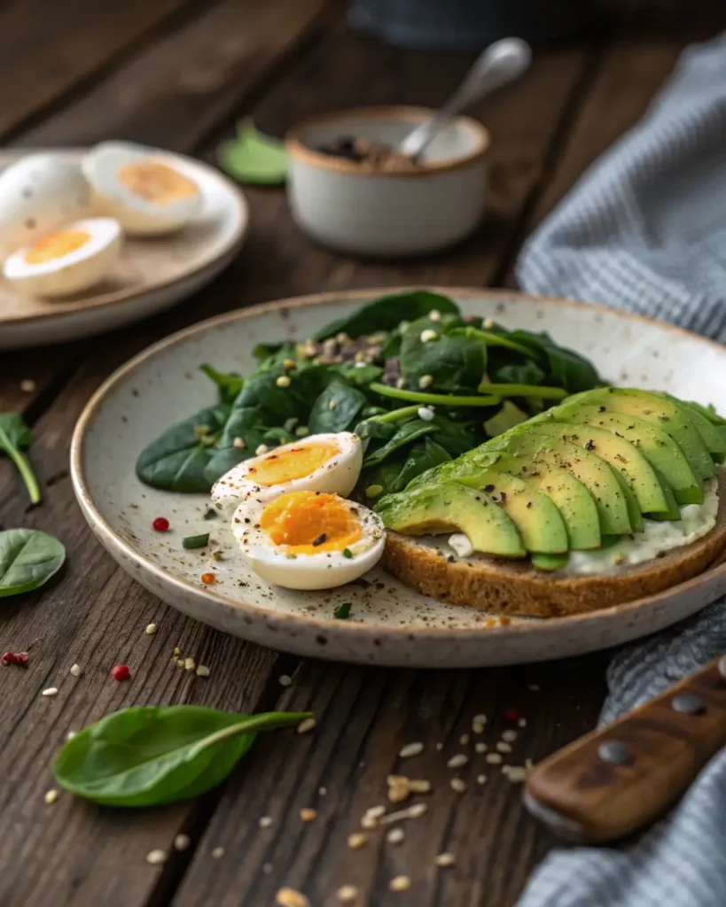 PCOS breakfast with eggs, spinach, and avocado to support hormonal balance.