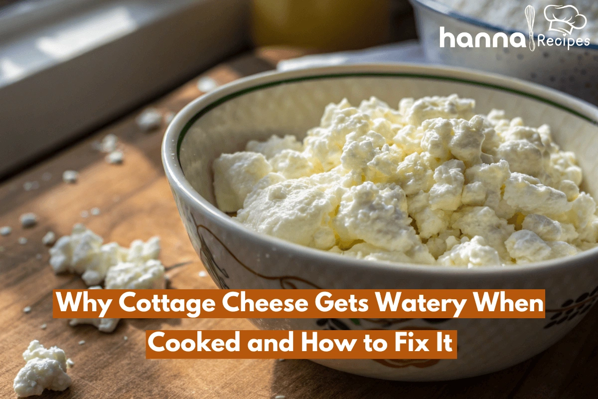 Close-up of cottage cheese curds with visible whey separation in a kitchen setting.