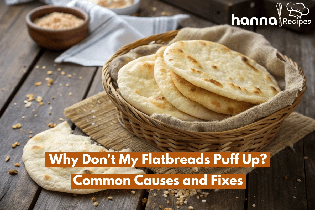 Freshly baked flatbreads with a golden brown puffed texture in a rustic basket.