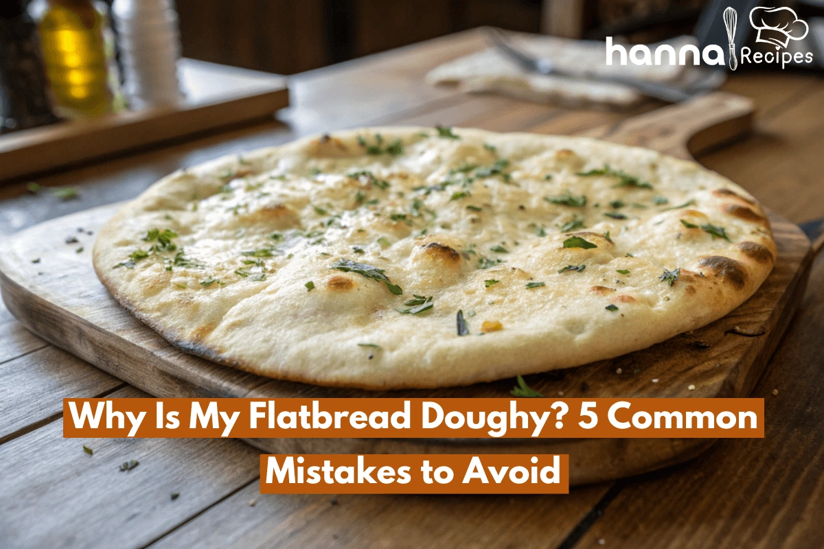 A close-up of doughy flatbread with golden brown edges and soft, slightly uncooked center, garnished with herbs, photographed in natural light.