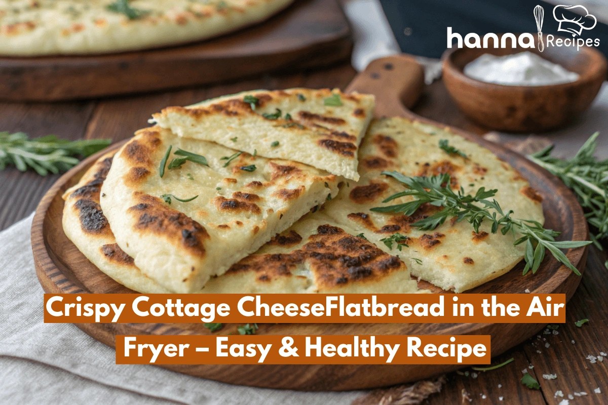 Crispy cottage cheese flatbread made in an air fryer, showcasing golden edges and soft texture, served with fresh herbs.