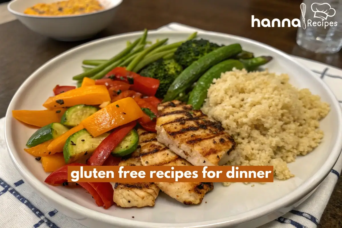 Gluten free recipes for dinner featuring grilled chicken, quinoa, and vegetables on a plate.