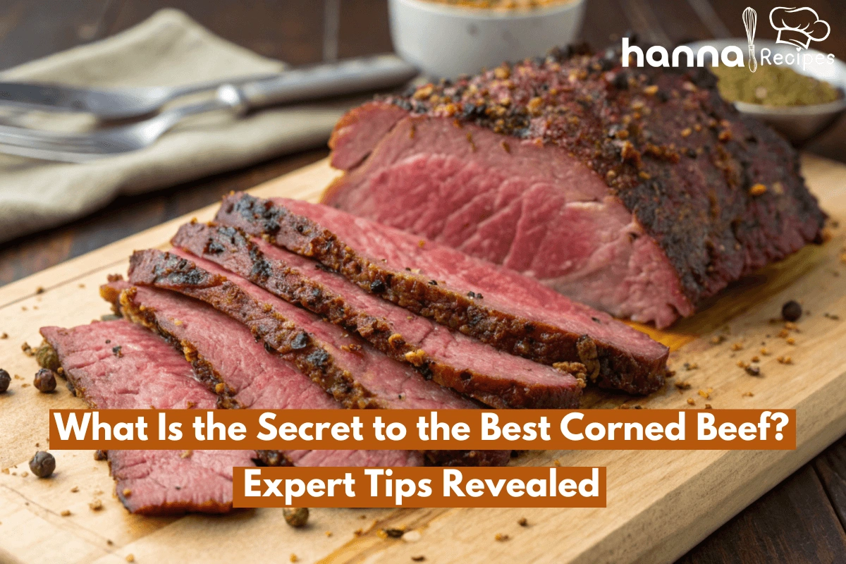 Close-up of a juicy, tender homemade corned beef brisket, seasoned to perfection, showcasing vibrant slices.