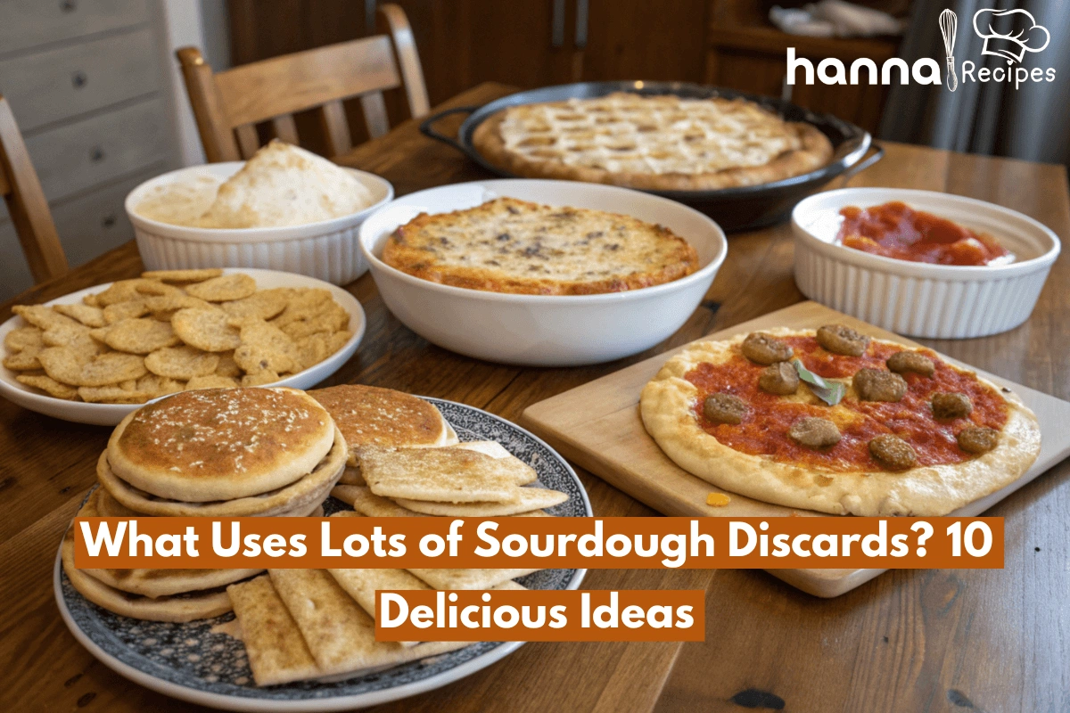 Variety of sourdough discard recipes including pancakes, crackers, and pizza crust, arranged on a wooden table, showcasing their delicious textures.