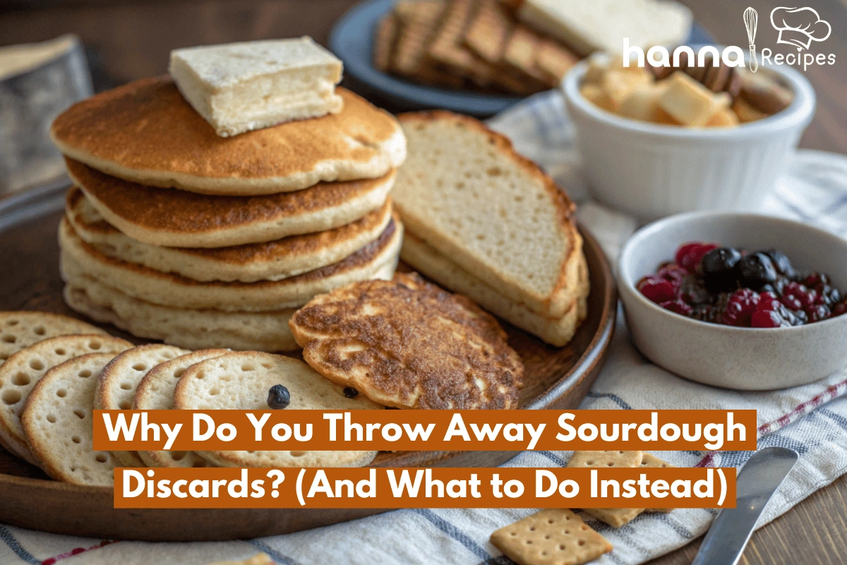 A close-up shot of freshly made sourdough discard recipes, including pancakes, crackers, and bread, with a golden, crispy texture.