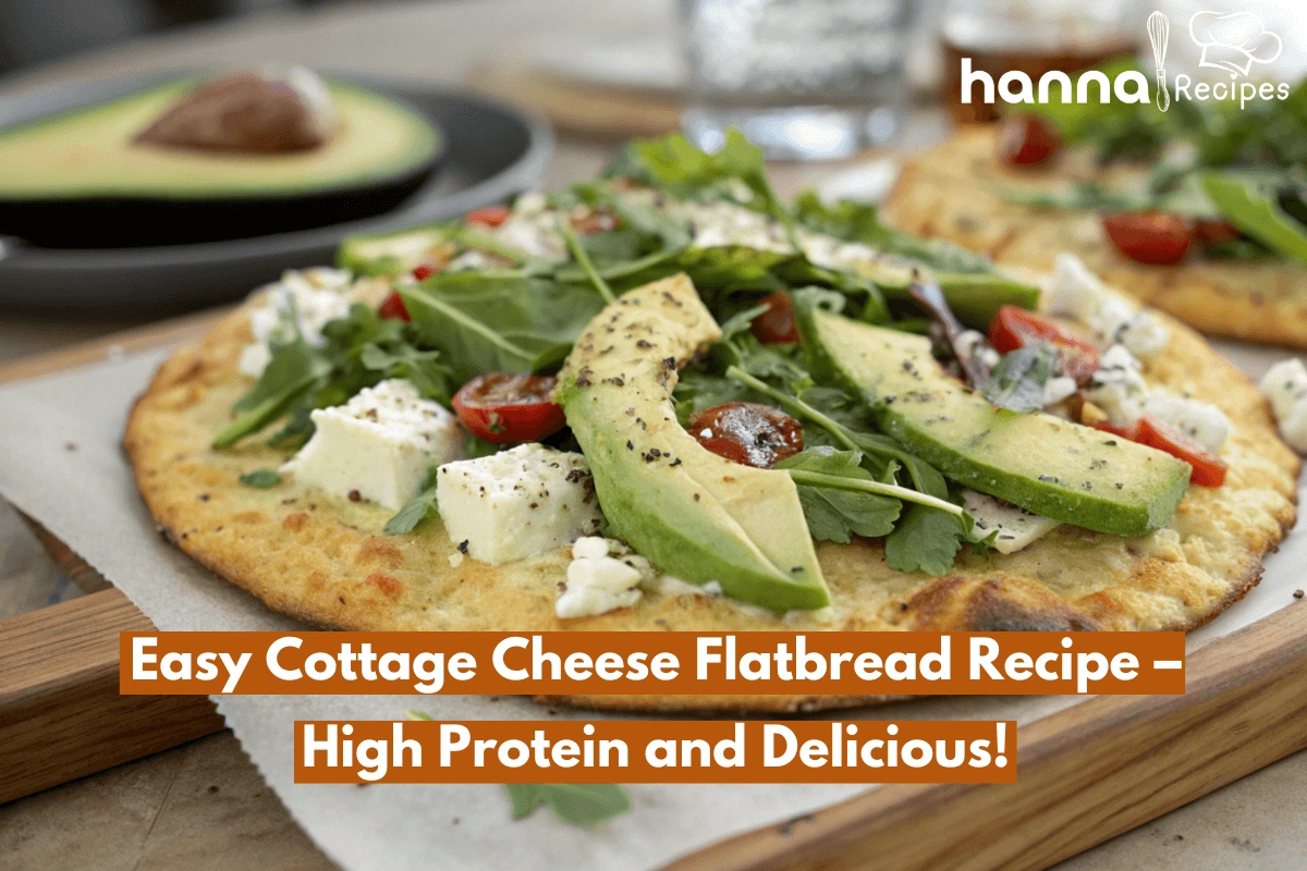 Delicious, homemade cottage cheese flatbread with healthy toppings like avocado and greens.