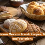 Close-up of traditional Mexican bread including conchas, bolillos, and pan de muerto, freshly baked and displayed on a wooden table.