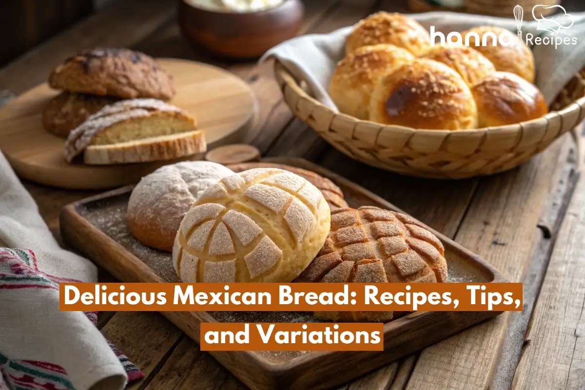 Close-up of traditional Mexican bread including conchas, bolillos, and pan de muerto, freshly baked and displayed on a wooden table.