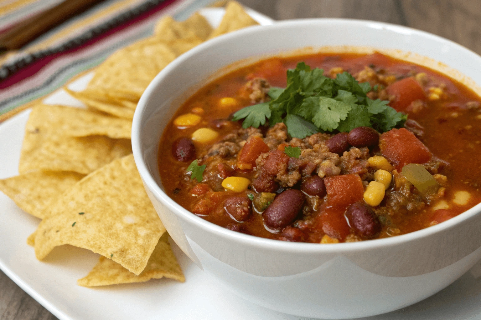 A close-up of a steaming bowl of taco soup with vibrant ingredients like beans, ground beef, tomatoes, and the taco soup secret ingredient, served with tortilla chips.