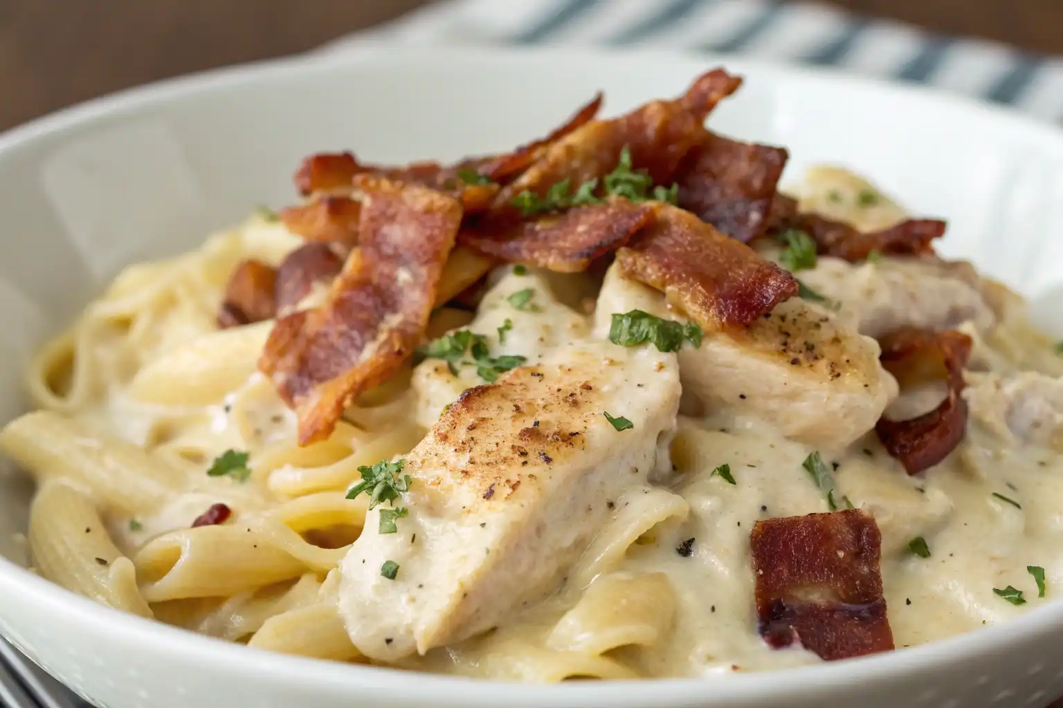 Close-up photo of Chicken Bacon Ranch Pasta showcasing creamy sauce, crispy bacon, and tender chicken.