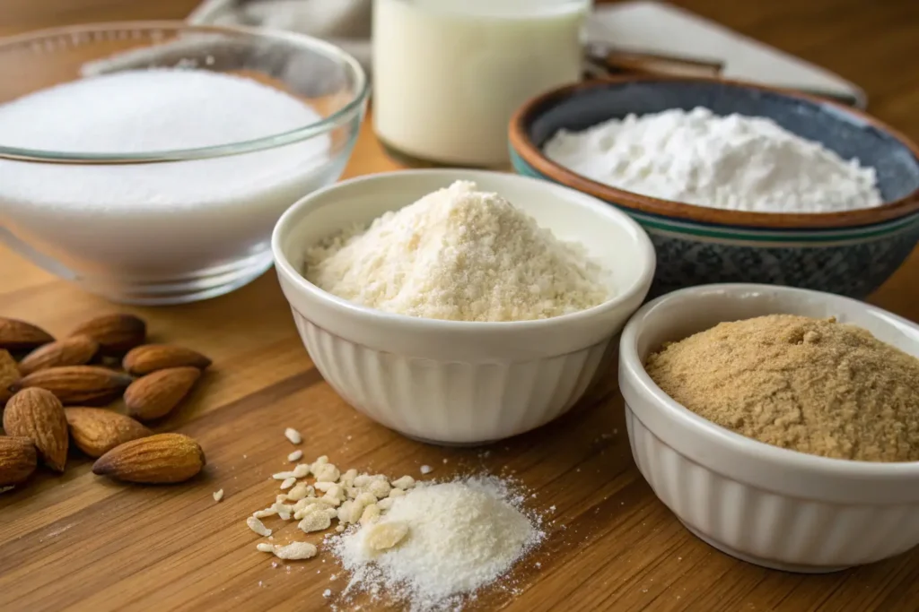 Common gluten-free baking ingredients including almond flour, coconut flour, and natural sweeteners on a rustic kitchen counter.