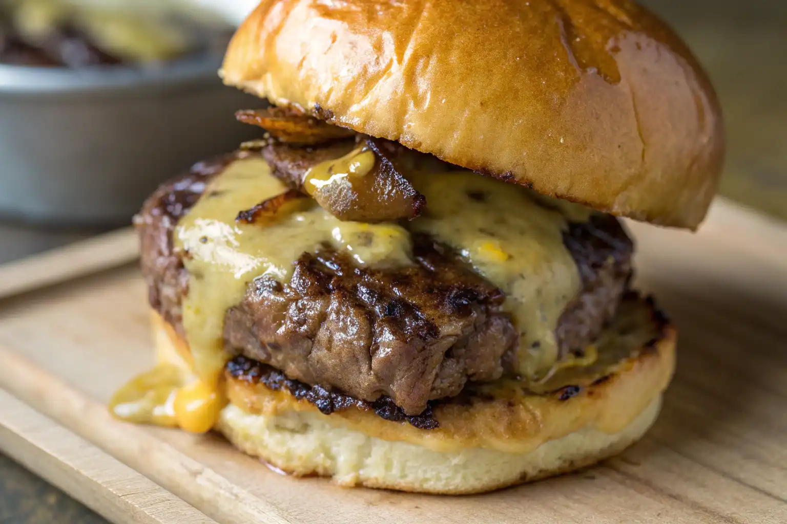 Close-up of a Cowboy Butter Steak Slider showcasing juicy steak, melted cheese, and golden toasted bun with rich, buttery sauce.