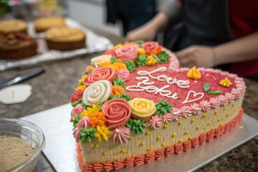 A beautifully decorated heart-shaped cake with colorful buttercream flowers and personalized messages for a special occasion.