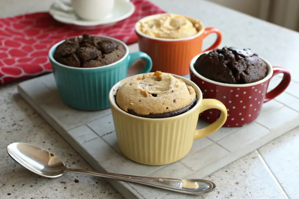 Delicious mug cakes, including chocolate, vanilla, and peanut butter, captured in natural light on a kitchen countertop.