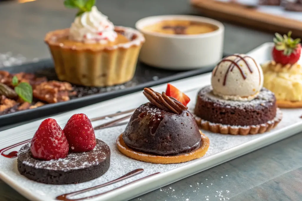 Desserts that will have you coming back for more, including molten lava cakes and decadent chocolate tarts from local dessert places near me.