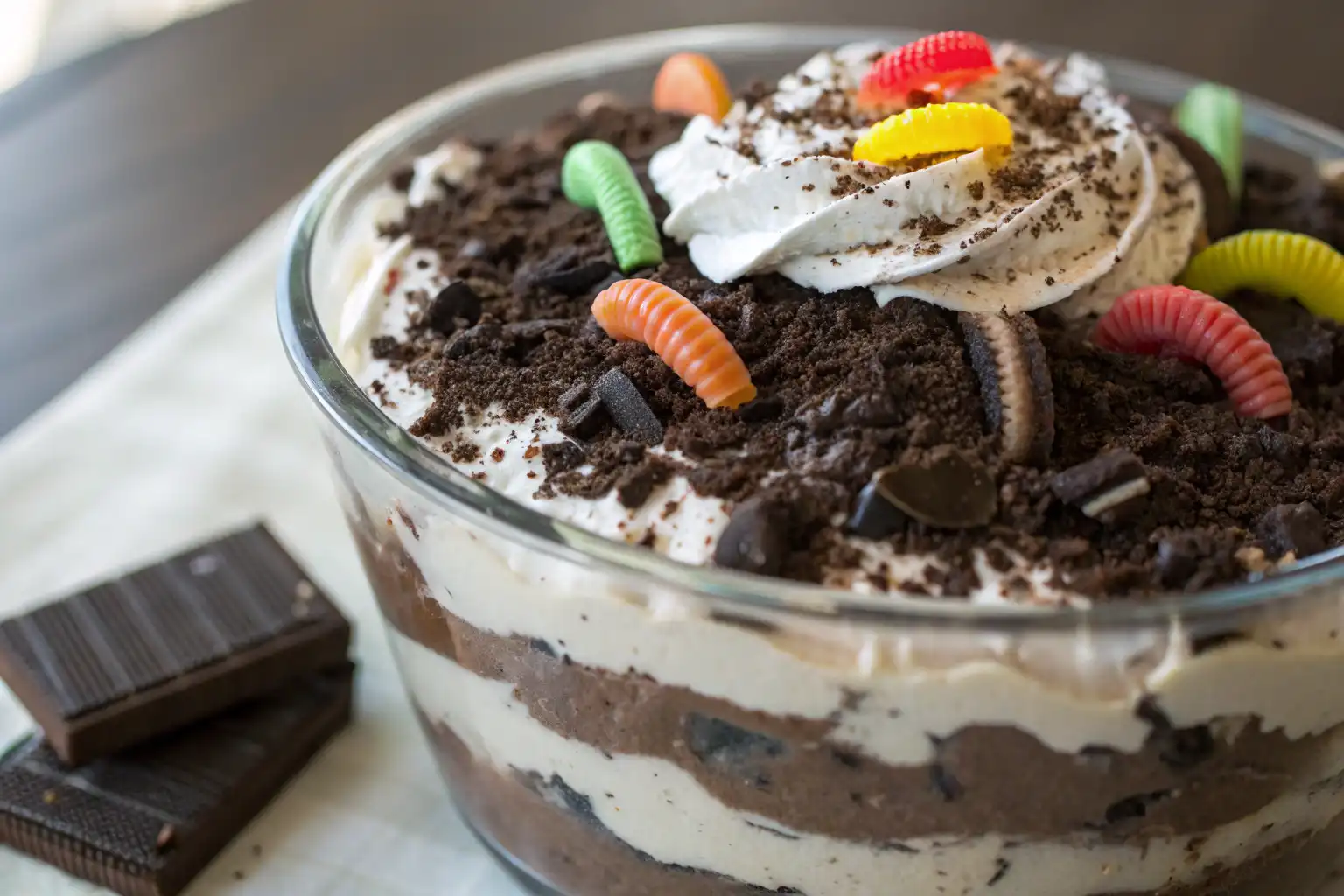 Close-up image of a dirt cake, featuring layers of crushed Oreo cookies, vanilla pudding, and gummy worms, perfect for the Dirt Cake Recipe.