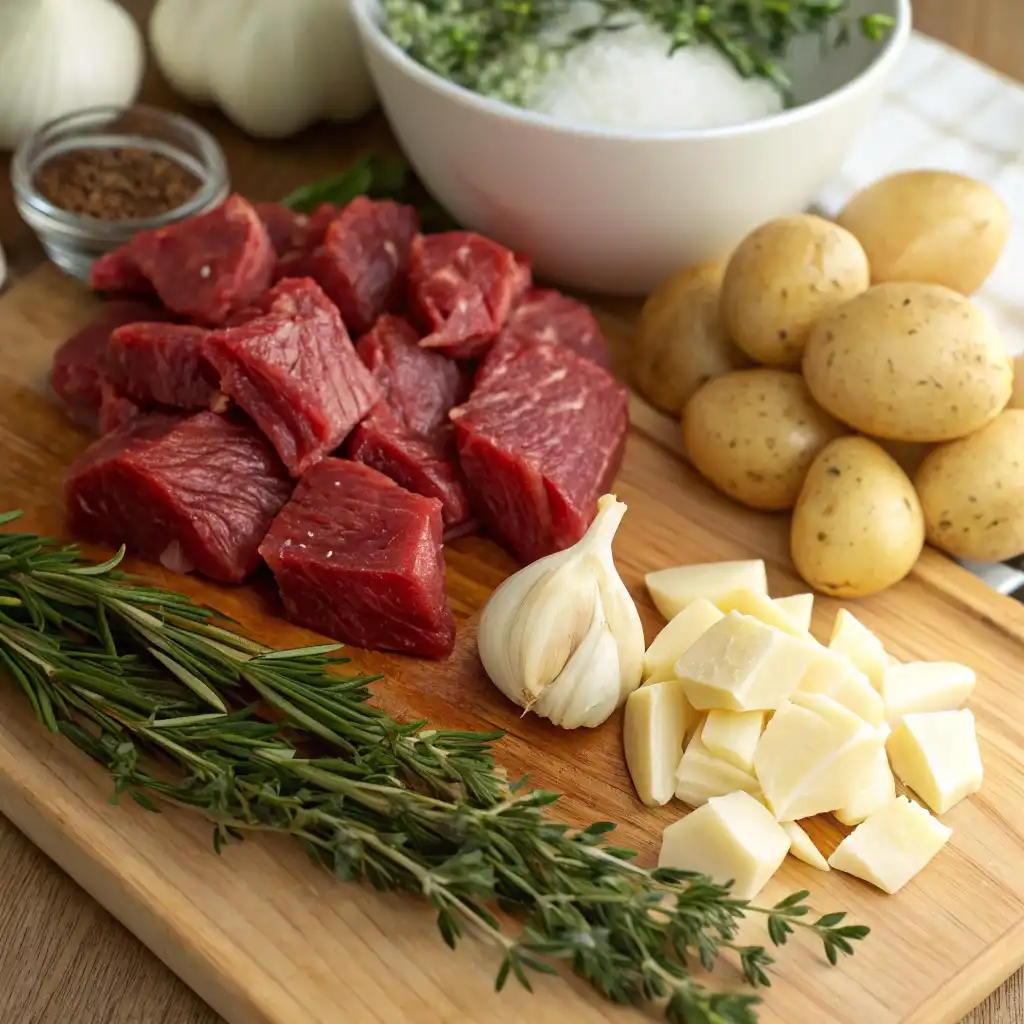 Close-up of ingredients for Slow Cooker Garlic Butter Beef Bites, including beef, garlic, butter, herbs, and potatoes.