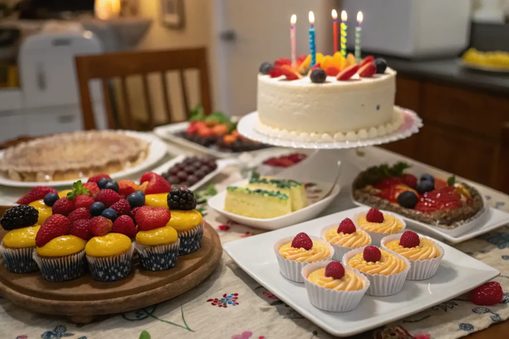 A variety of gluten-free desserts including a birthday cake, cupcakes, and cheesecakes, perfect for any celebration.