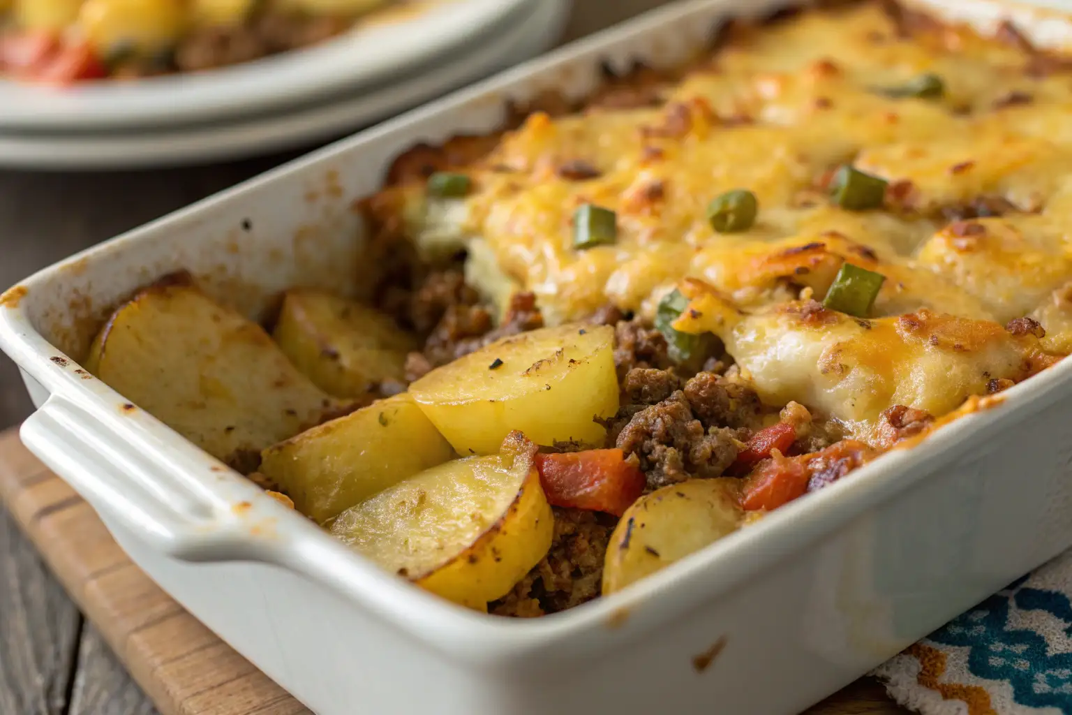 Close-up of Hobo Casserole Ground Beef Recipe with melted cheese and golden potatoes, highlighting the hearty layers.