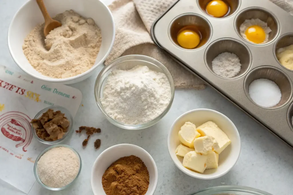 Ingredients for making cinnamon roll muffins, including flour, cinnamon, eggs, and butter.