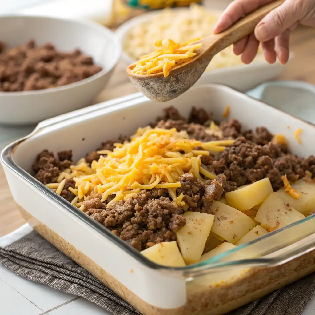 Close-up of assembling Hobo Casserole Ground Beef Recipe with layers of ground beef, potatoes, and cheese.