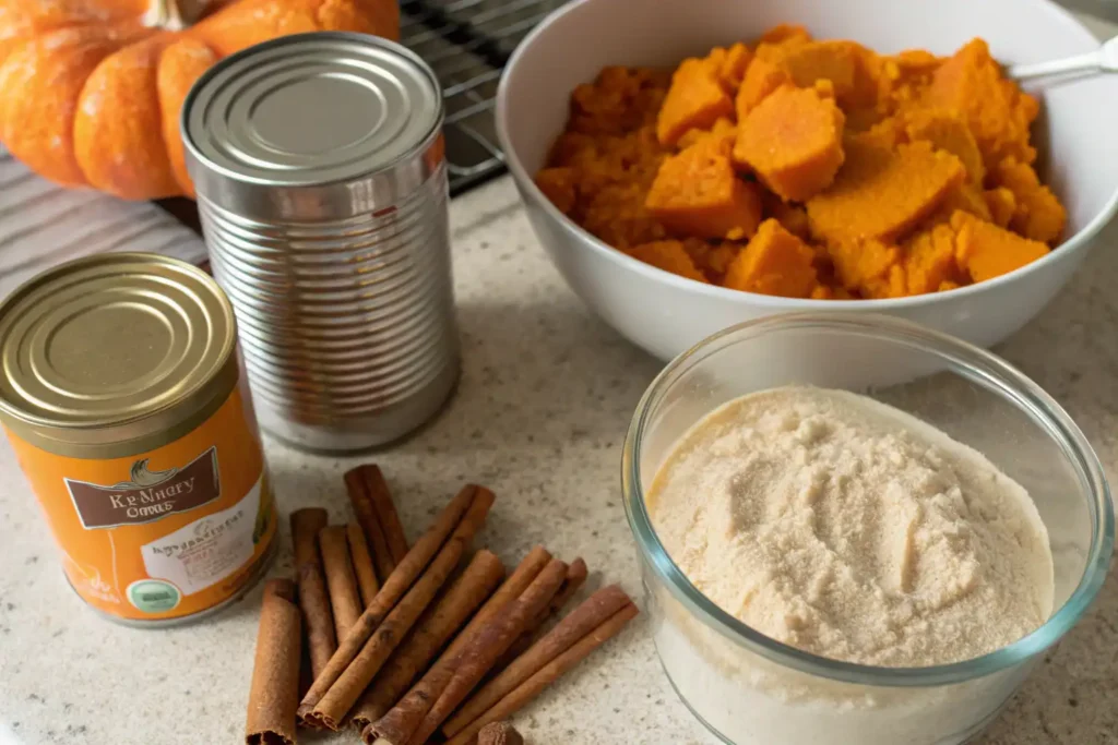 Ingredients for pumpkin desserts, including pumpkin puree, cinnamon sticks, and batter, ready for baking.