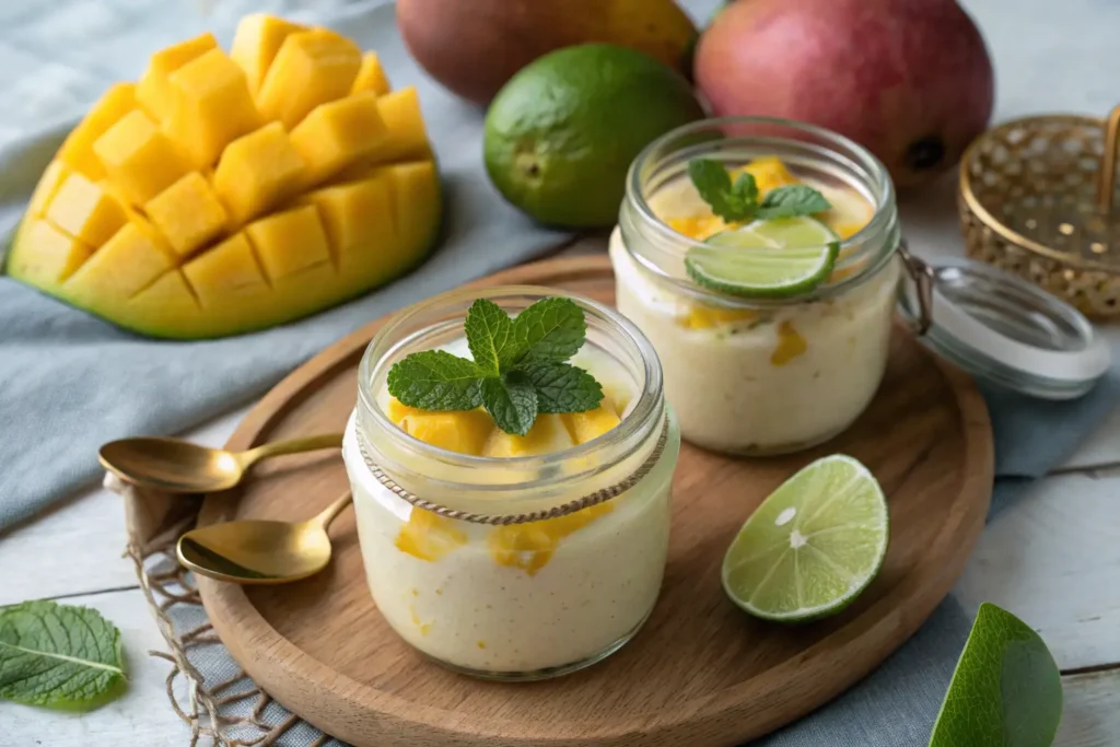 Mango Mango Dessert Serving: Mango desserts served in elegant jars, garnished with lime and mint leaves for a refreshing touch.