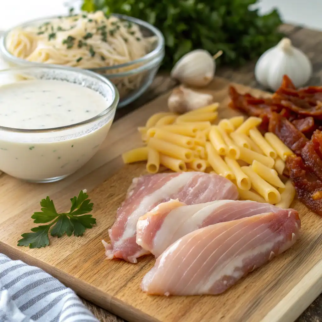 Close-up of Chicken Bacon Ranch Pasta ingredients, including chicken breast, crispy bacon, ranch dressing, and uncooked pasta.