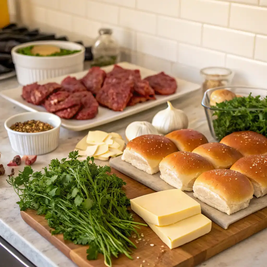 Fresh ingredients for Cowboy Butter Steak Sliders including ribeye steak, herbs, garlic, butter, cheese, and slider buns.