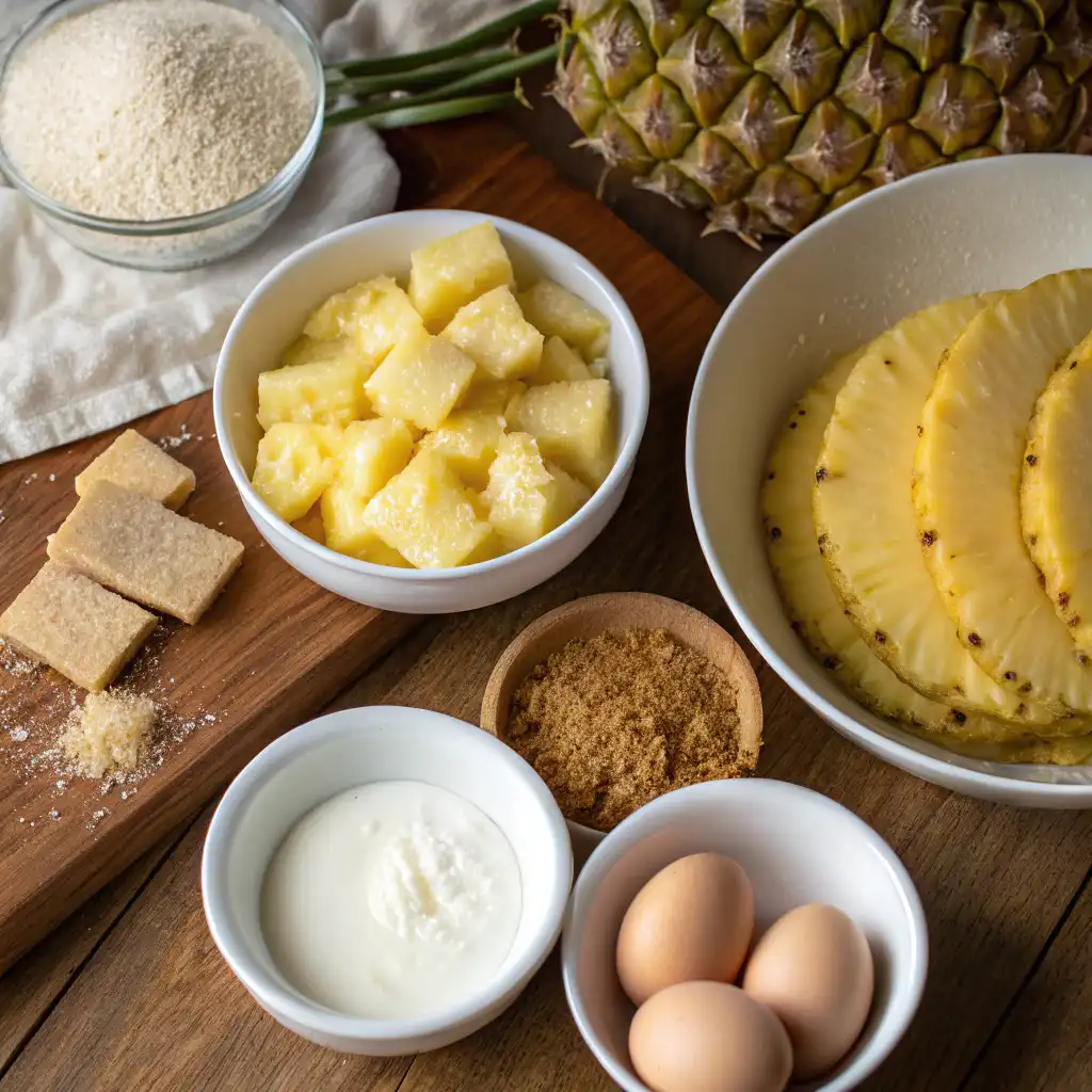 Ingredients for Mini Pineapple Upside-Down Cheesecakes neatly arranged on a kitchen countertop.