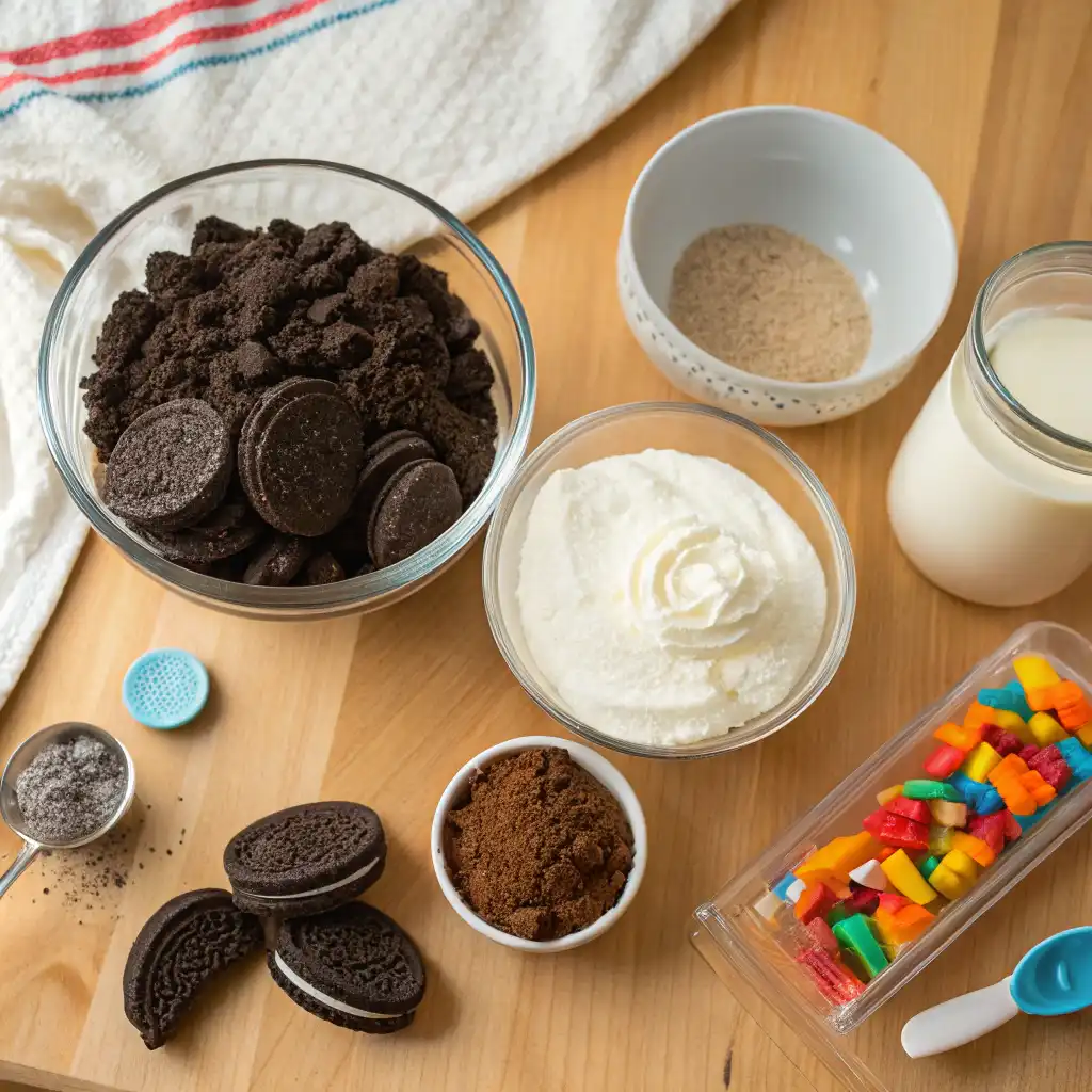 Ingredients for a Dirt Cake Recipe laid out on a kitchen counter, including Oreos, vanilla pudding, whipped cream, and gummy worms.