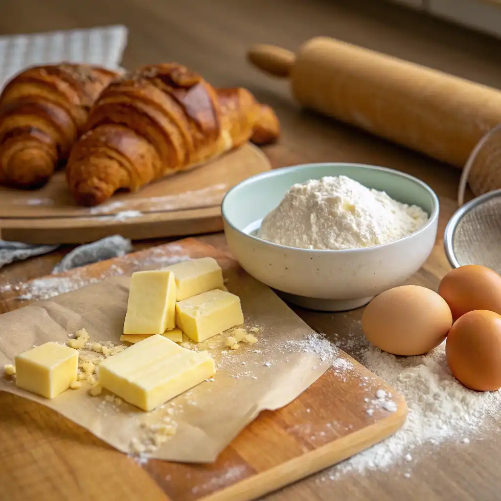 Ingredients for the Swiss version of the croissant, including Swiss butter, flour, and eggs, ready to be used in the kitchen.