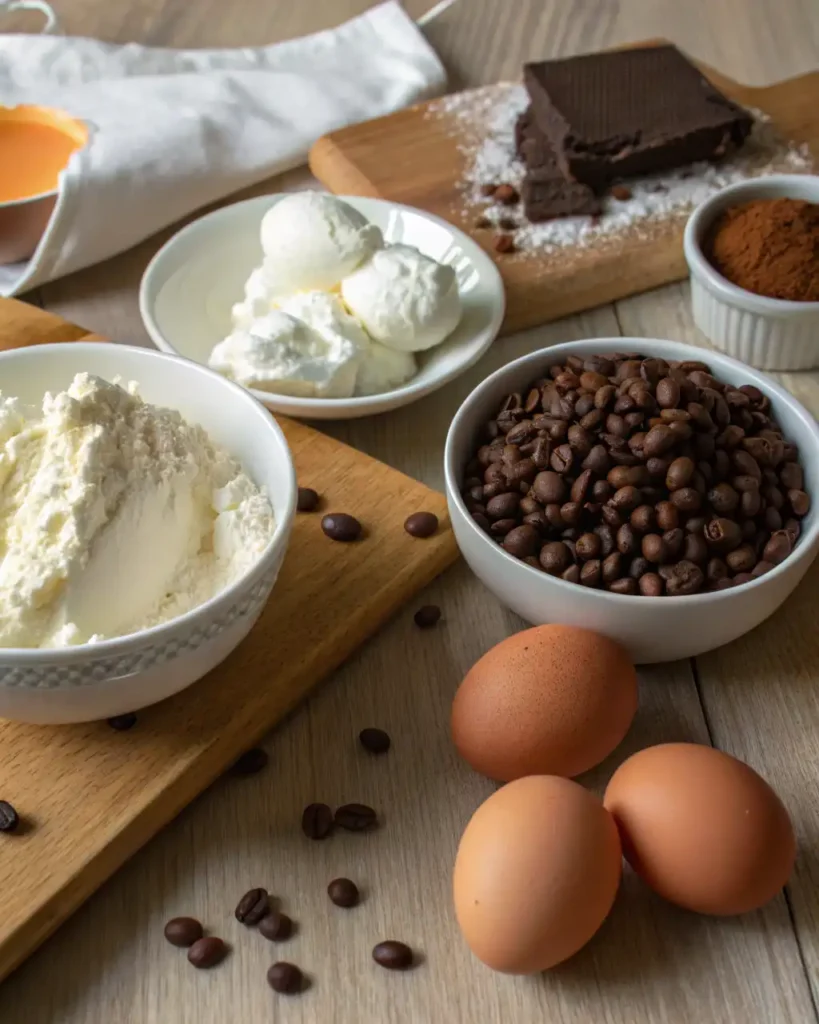 Fresh Italian dessert ingredients like ricotta, mascarpone, and cocoa powder displayed on a wooden counter for creating traditional Italian sweets.