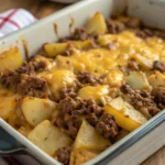 Close-up of Hobo Casserole Ground Beef Recipe with golden potatoes, melted cheese, and tender ground beef.