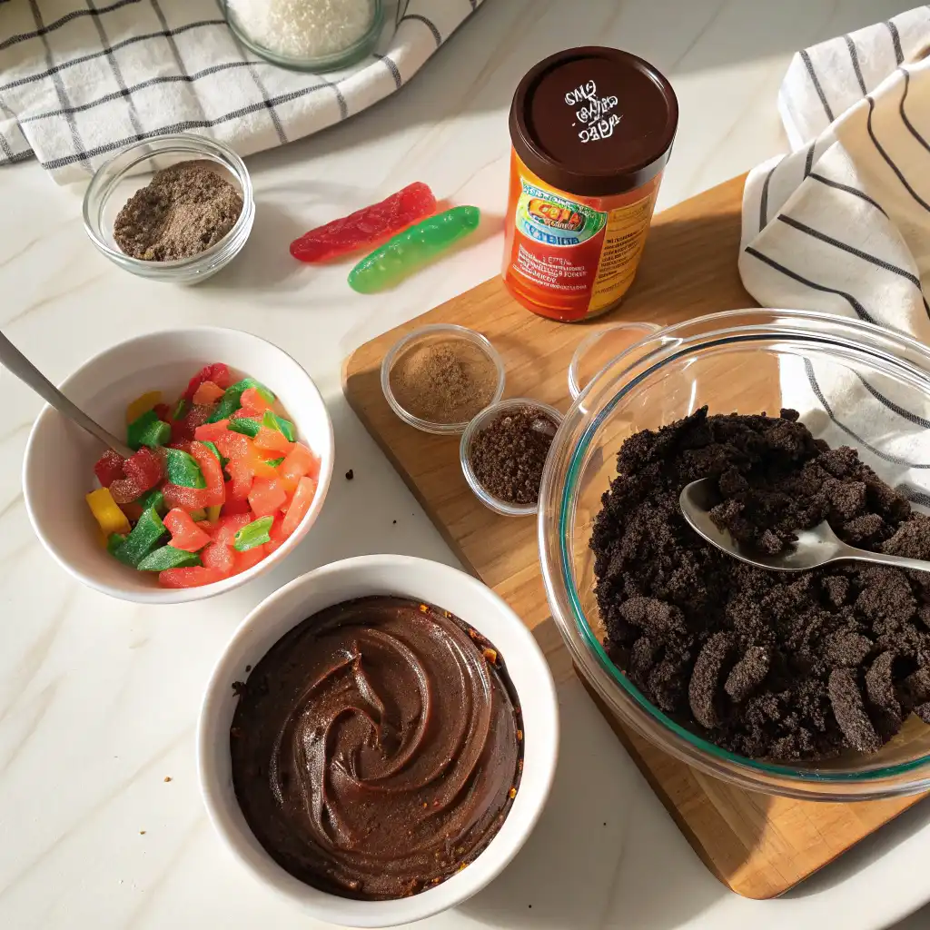 Overhead shot of dirt cake ingredients: Oreos, chocolate pudding, and gummy worms. Why is it called dirt cake? Essential elements for the dessert.