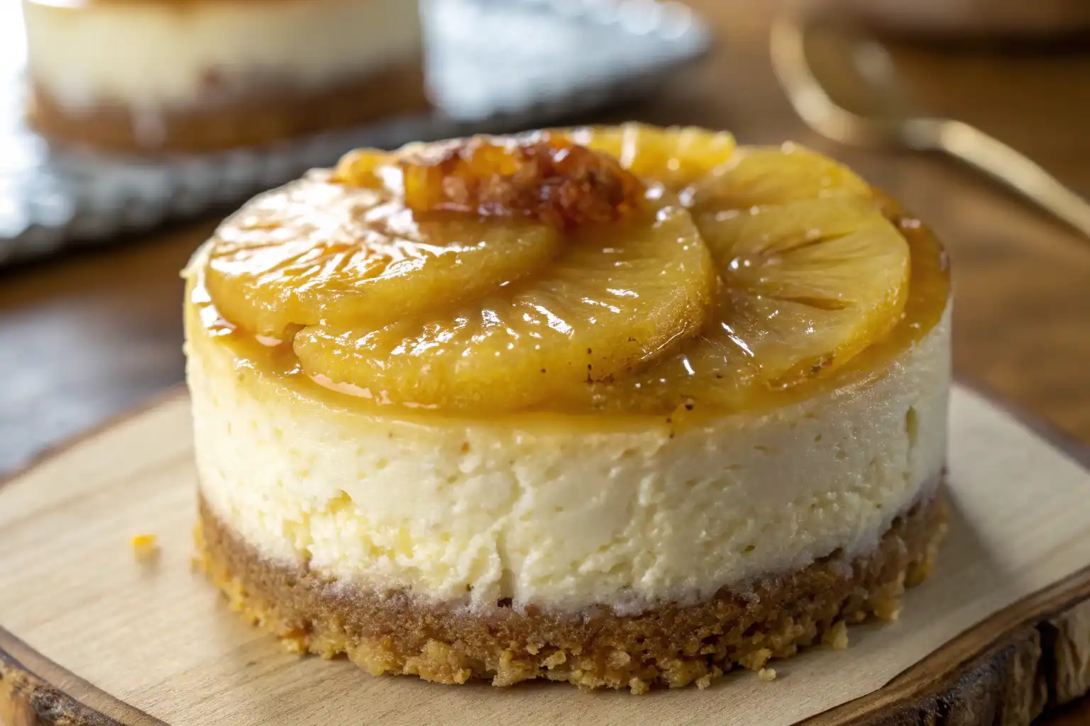 Close-up of Mini Pineapple Upside-Down Cheesecakes with caramelized pineapple topping and creamy cheesecake filling.