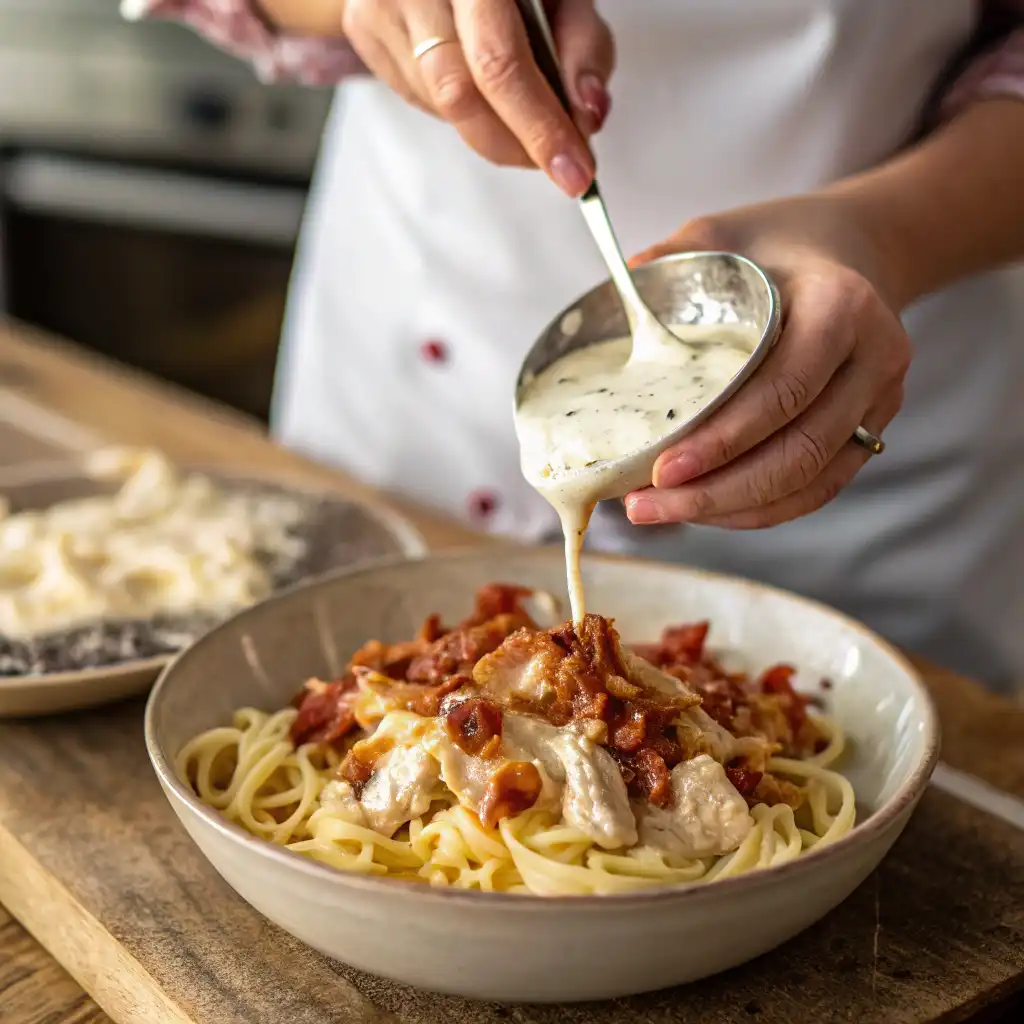 Close-up of a chef adding creamy ranch sauce to pasta, with crispy bacon being sprinkled on top in a rustic kitchen.