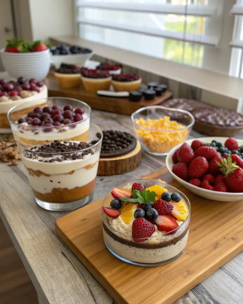 Quick and easy no-bake desserts, including chocolate mousse, no-bake cheesecake, and fruit parfait, captured in natural light.