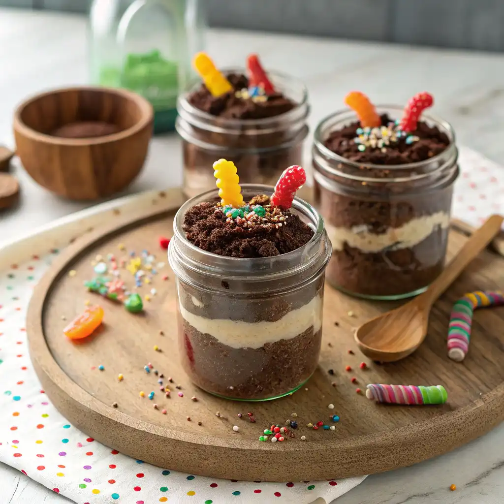 Individual servings of Dirt Cake Recipe served in glass jars, topped with colorful sprinkles and gummy worms, in a rustic kitchen setting.