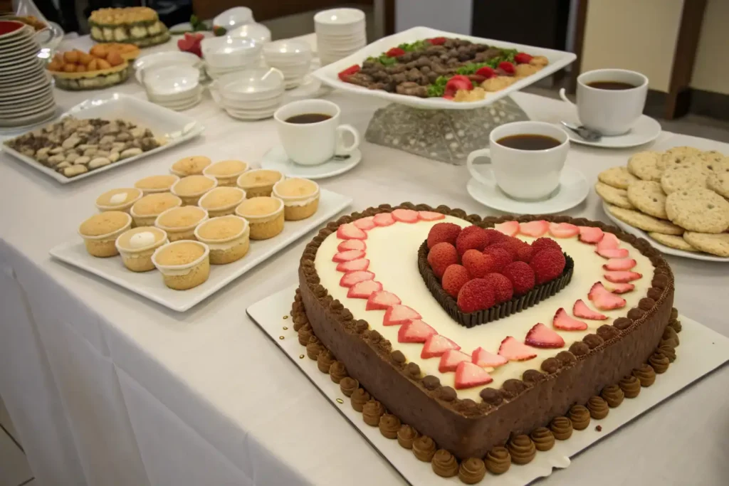 Heart-shaped cake served with coffee, tea, and assorted complementary desserts on a beautifully arranged table.