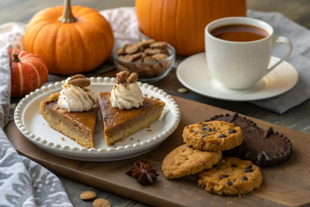 A platter of pumpkin desserts, including pumpkin pie, cheesecake bars, and cookies, paired with chai tea and autumn decor.