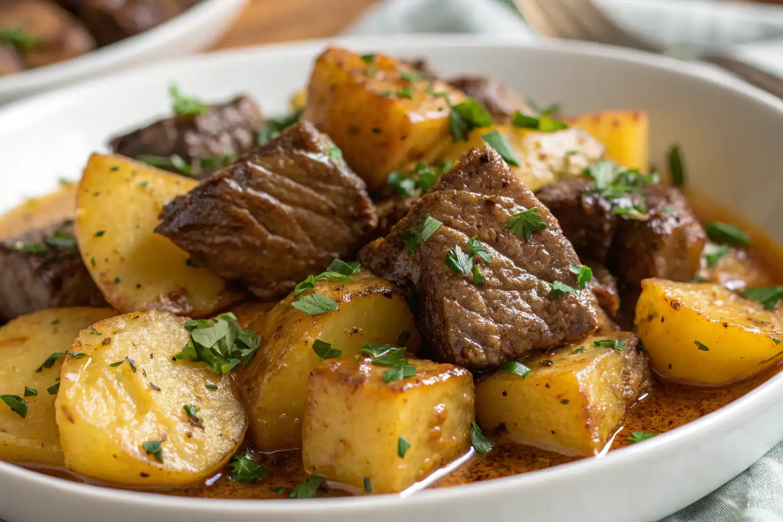 Close-up of slow cooker garlic butter beef bites and potatoes with a rich garlic butter glaze, highlighting the textures of tender beef and crispy potatoes.