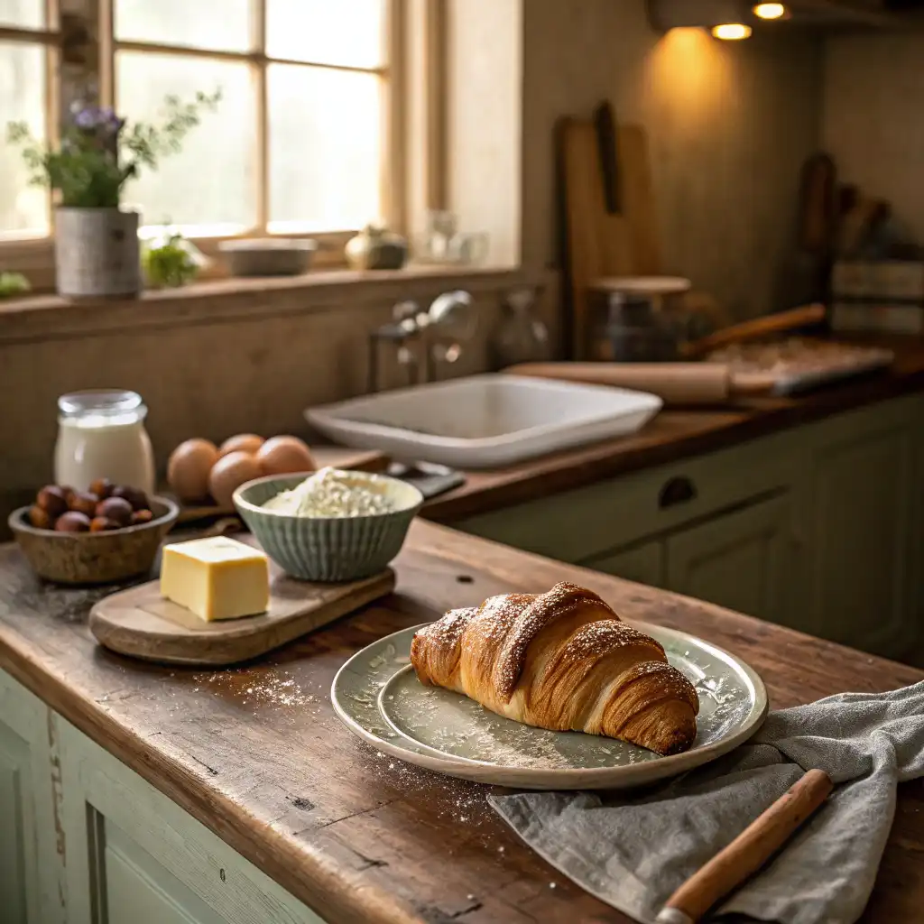 Close-up photo of a Swiss croissant in a rustic kitchen setting, with its flaky layers and golden crust.