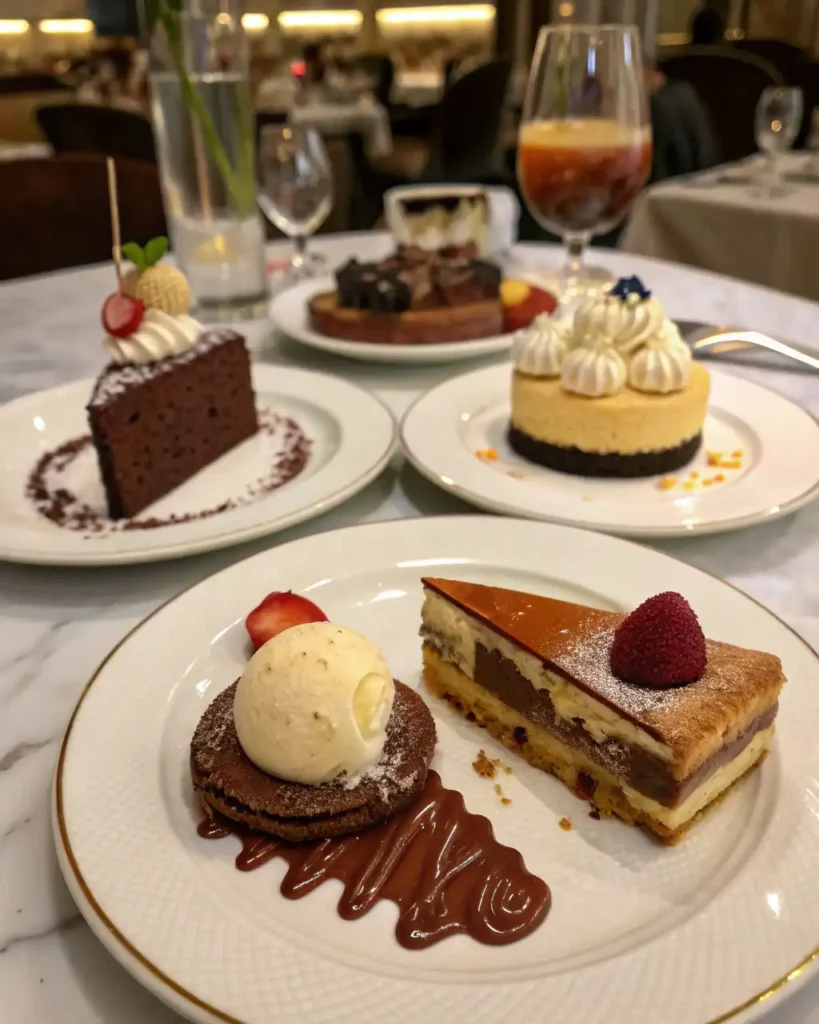 What is the most popular dessert" featuring chocolate cake, cheesecake, ice cream, and tiramisu on a table.