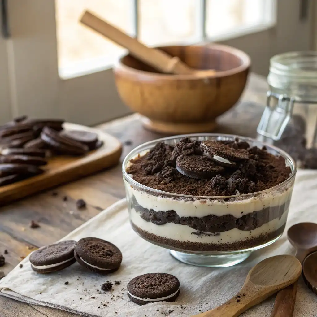 Close-up of dirt cake layers being assembled in a rustic kitchen. Why is it called dirt cake? Showing chocolate pudding and Oreo layers.