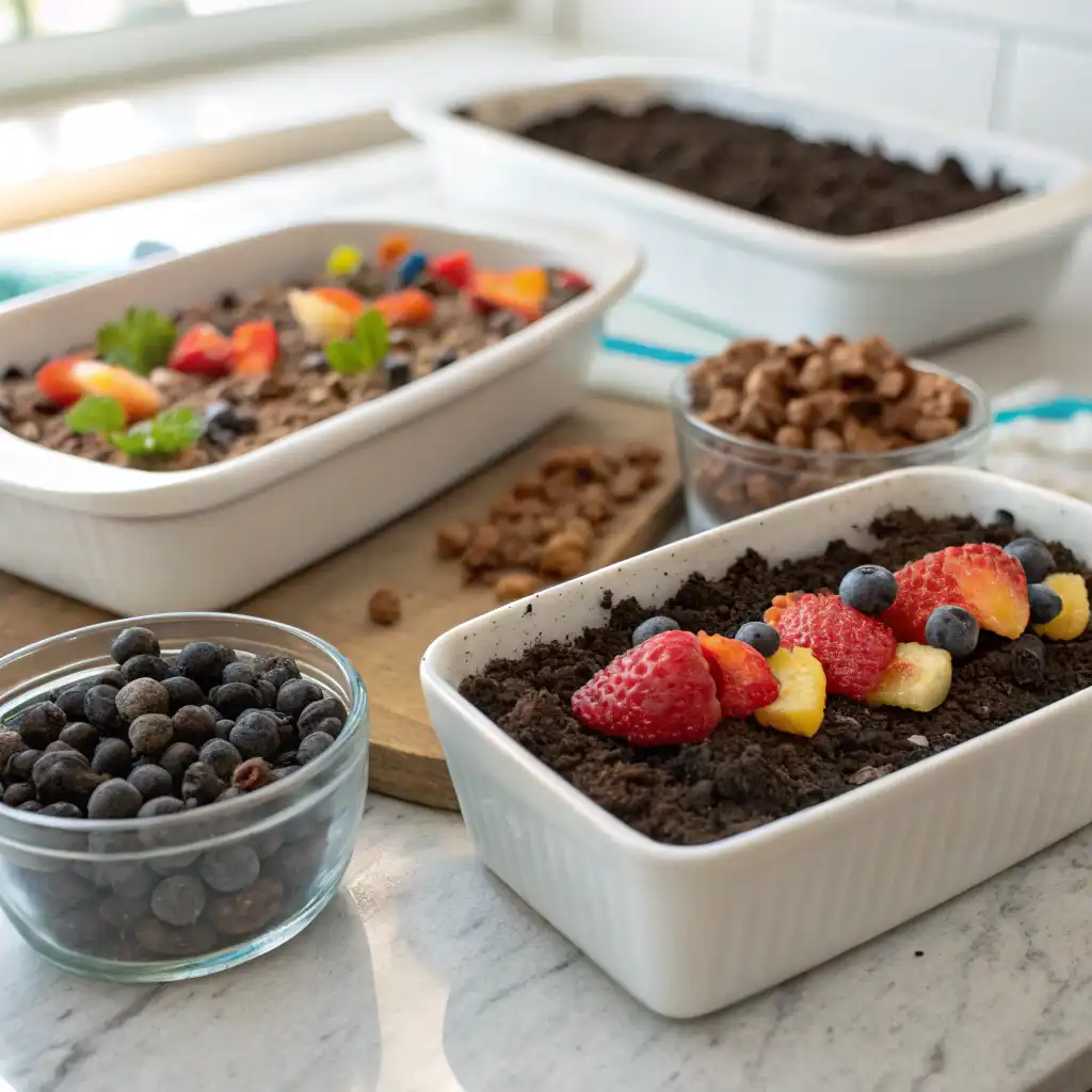 Various dirt cake variations being prepared: gummy worms, fruits, and nuts. Why is it called dirt cake? Creative variations in the kitchen.